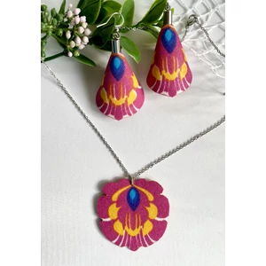 Rózsaszín népi mintás fülbevaló és nyaklánc szett