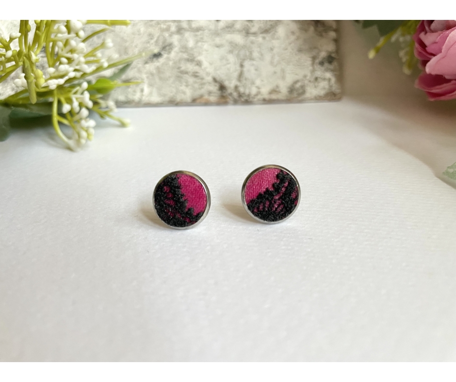 Fekete-rózsaszín csipke fülbevaló - kerek
